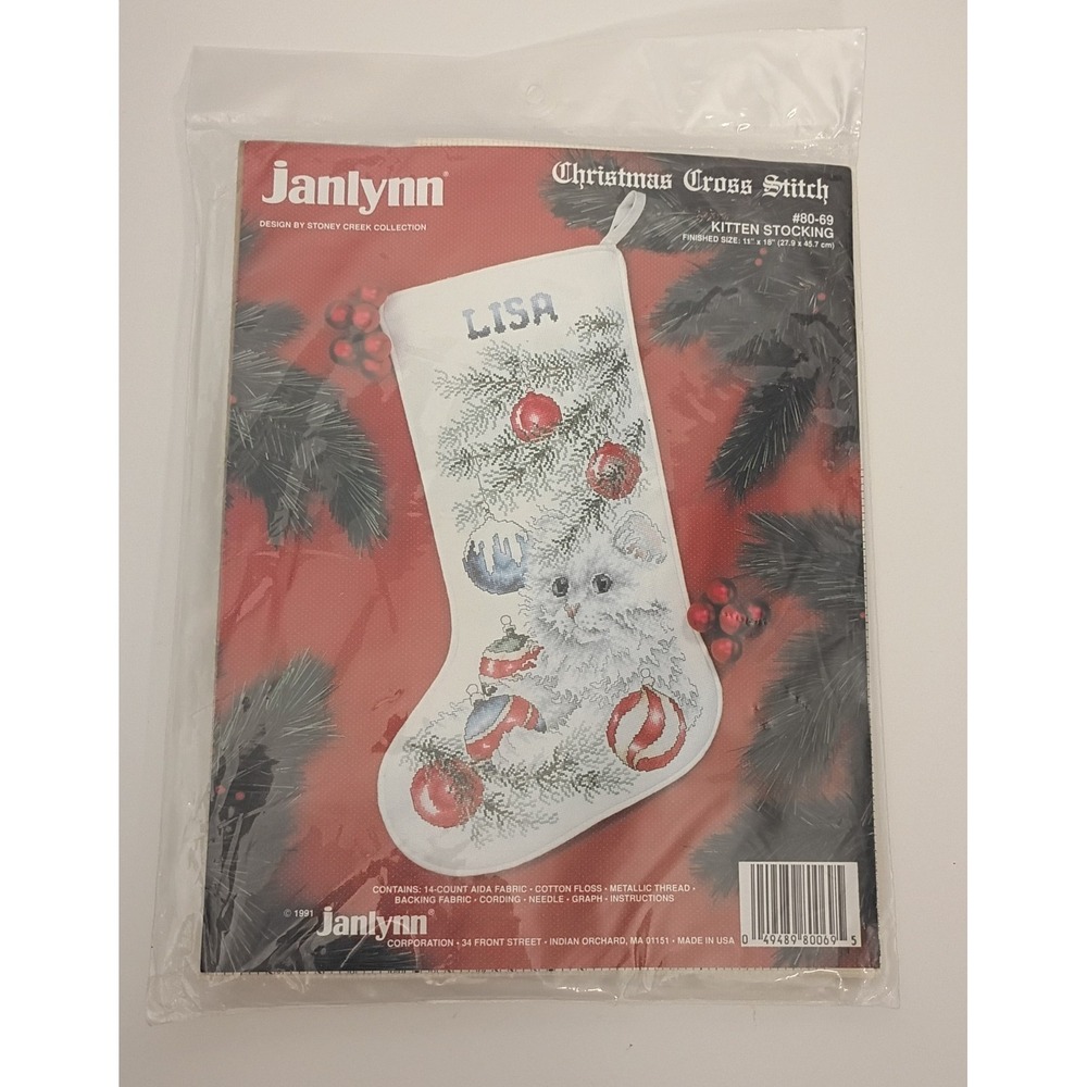 Janlynn Counted Cross Stitch Kit Kitten 1991 Christmas Stocking #80-69 VTG NIP